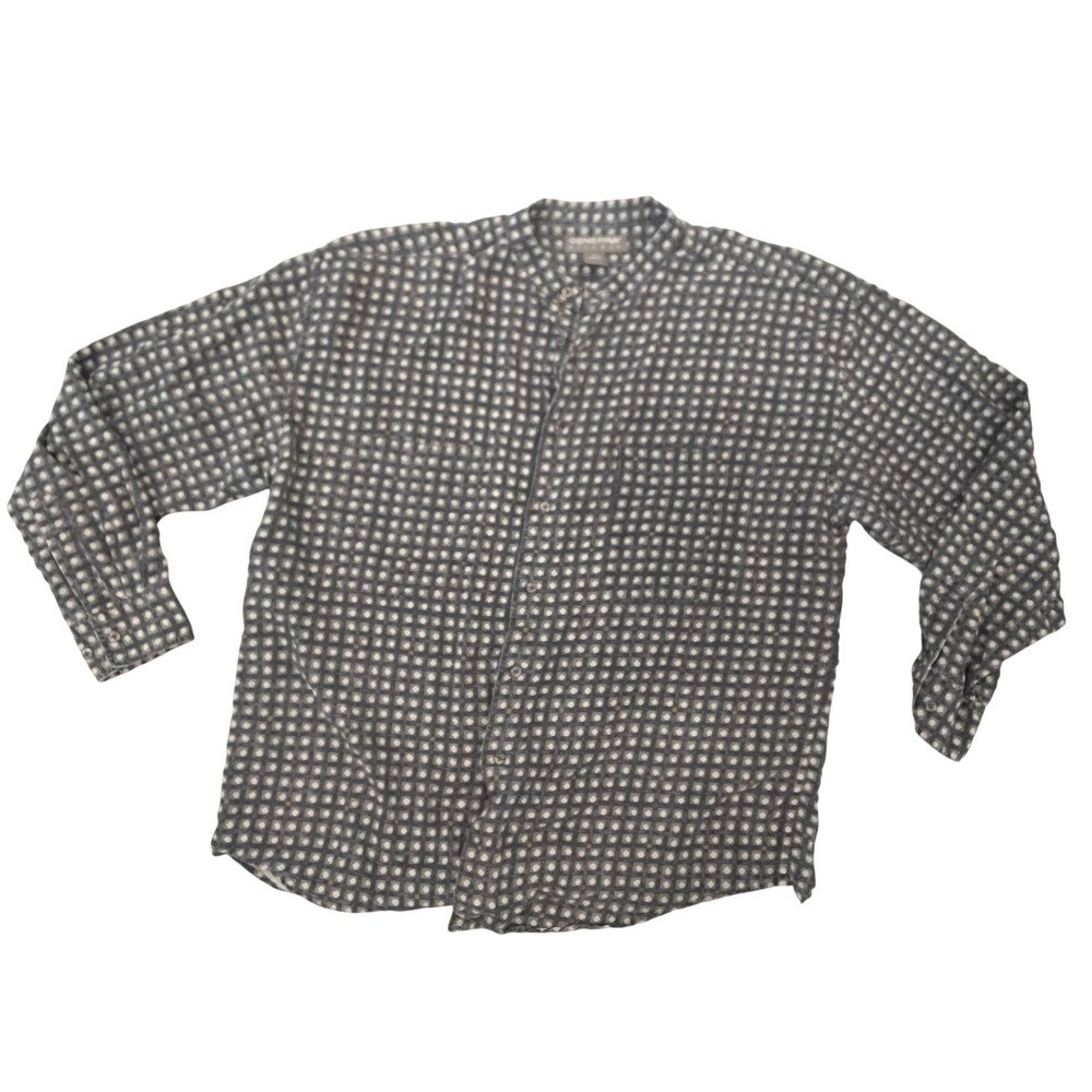 Generra Reserve Mens Silk Mandarin Collar Shirt Grey Geometric Grid‎ Large L